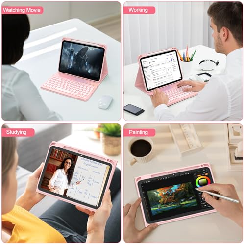 Image of COO 7 Color Backlit Keyboard Case for iPad 11th A16 /10th Gen | 7-Color Backlit Detachable Bluetooth Keyboard, Pencil Holder, Auto Wake /Sleep, 3 Angles, PU TPU Cover, Pink