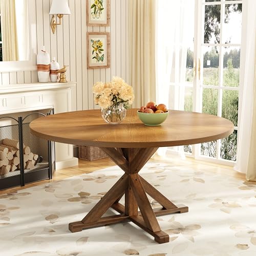 BRRITLE 59 Solid Wood Round Dining Table for 6-8 People Wooden Pedestal Base Farmhouse Round Dining Room Table for Home Dining Room Kitchen Living Room