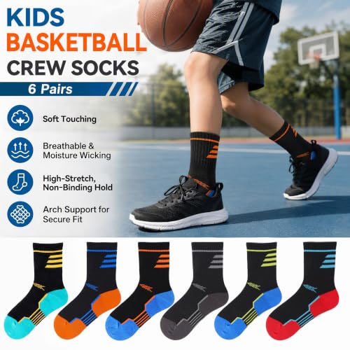 Image of Welwoos 6 Pairs Kids Boys Girls Socks Athletic Basketball Youth Sport Crew Cotton Breathable Soft Socks