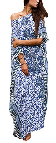 FreestyleMo Oversized maxi-kimono voor dames, etnische print, bikini-cover-ups, strandkaftanjurk, Wit Blauw, One size