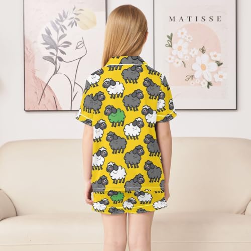 ALAZA Cartoon Sheep Yellow Satin Pajamas Set Short Sleeve Button Down Sleepwear Summer Pjs 2 Piece4