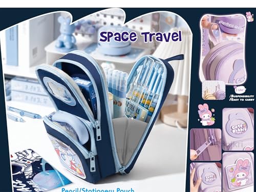 Image of 6 Layer with 3 Compartment Premium Canvas Pencil Pouch for School Girls and Boys, Cute Aesthetic Stationery Items Kit Case, Large Capacity Stationary Pencil Box for Kids Gifts