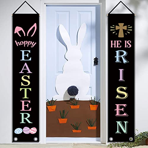 GAGEC Happy Easter Banner He is Risen Religious Cross Christian Bunny Egg 2 Pieces Door Decoration Home Outdoor Indoor Porch Sign Holiday Decor 71 x 12 Inch