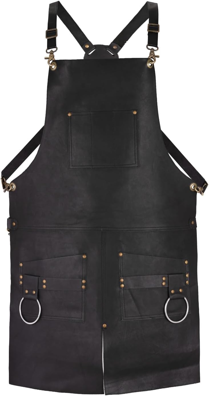 Split Leg Leather Apron, 2 Pockets, Tool Holder, Brown/Green/Black, Unisex