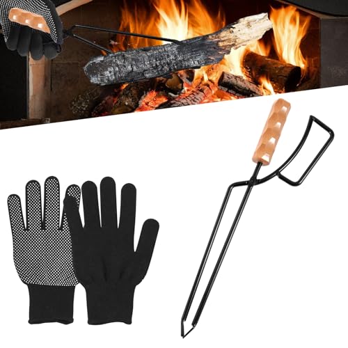 PRITOK Pince à bois de cheminée pour charges lourdes : 46 cm - Universelle - Longue pince à bois de chauffage - Accessoire de cheminée - Anti-brûlure - En métal - Avec poignée en bois - Avec paire de