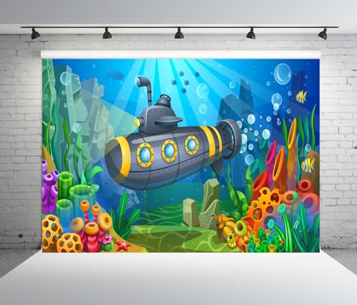 CORFOTO 7x5ft Fabric Cartoon Submarine Backdrop for Photography Underwater World Algae, Corals, Sponges and Fish Undersea Scenery Background for Kids Theme Party Decor Birthday Photo Props