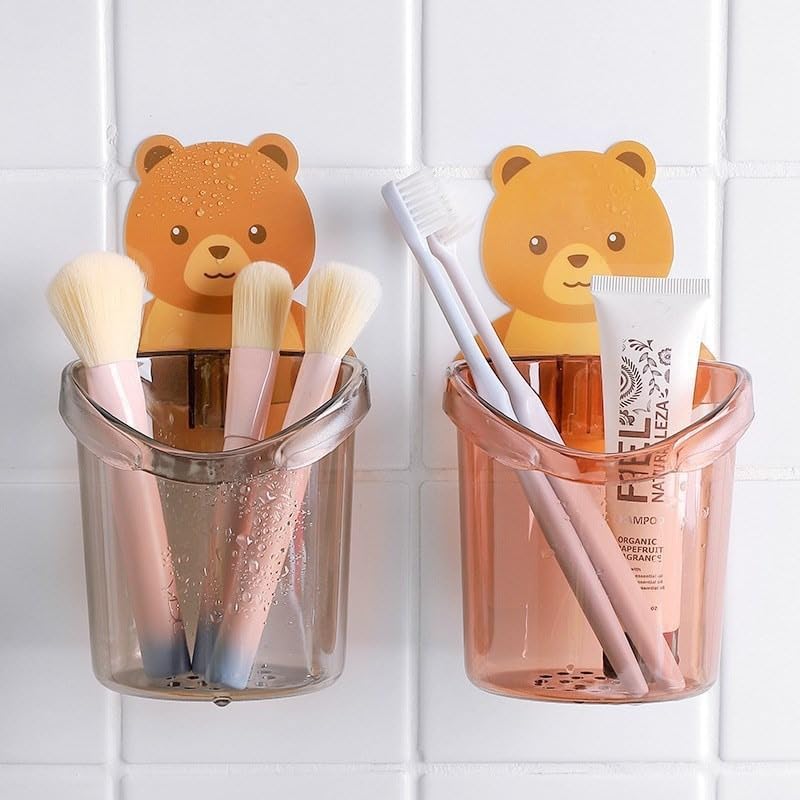 WOW Interiors Toothbrush Holder (Set of 2 Pcs) Plastic Stand for Toothpaste, Comb, Brush, Cream, Lotion Kids Bathroom Cup Drain Waterproof Self-Adhesive, Teddy Bear (Set of 2Pcs)-image-45