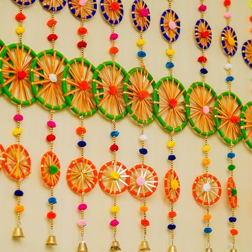 Image of eCraftIndia Multicolor Rings with Pom-Pom Tassels Bell Hangings (Pack of 4) Wall /Door Hangings, Toran for Home Decor - Ganesh Chaturthi, Navratri, and Diwali Decoration Items.