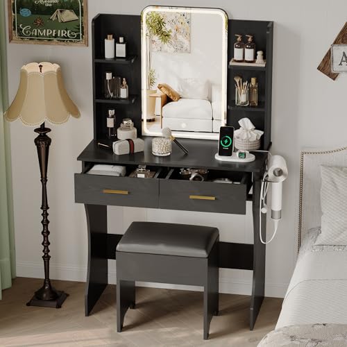 Image of Small Vanity Desk with Mirror and Lights, Makeup Vanity with LED Lights, Black Vanity Mirror with Lighted Desk and Chair, 3 Lighting Adjustable Compact Dressing Table with Mirror for Women, Girls