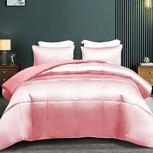 Whale Flotilla 3-Piece Reversible Silky Soft Queen Comforter Bedding Set Luxurious Satin Comforters Full Size with 2 Satin Pillowcases Lightweight Duvet for All Seasons Pink