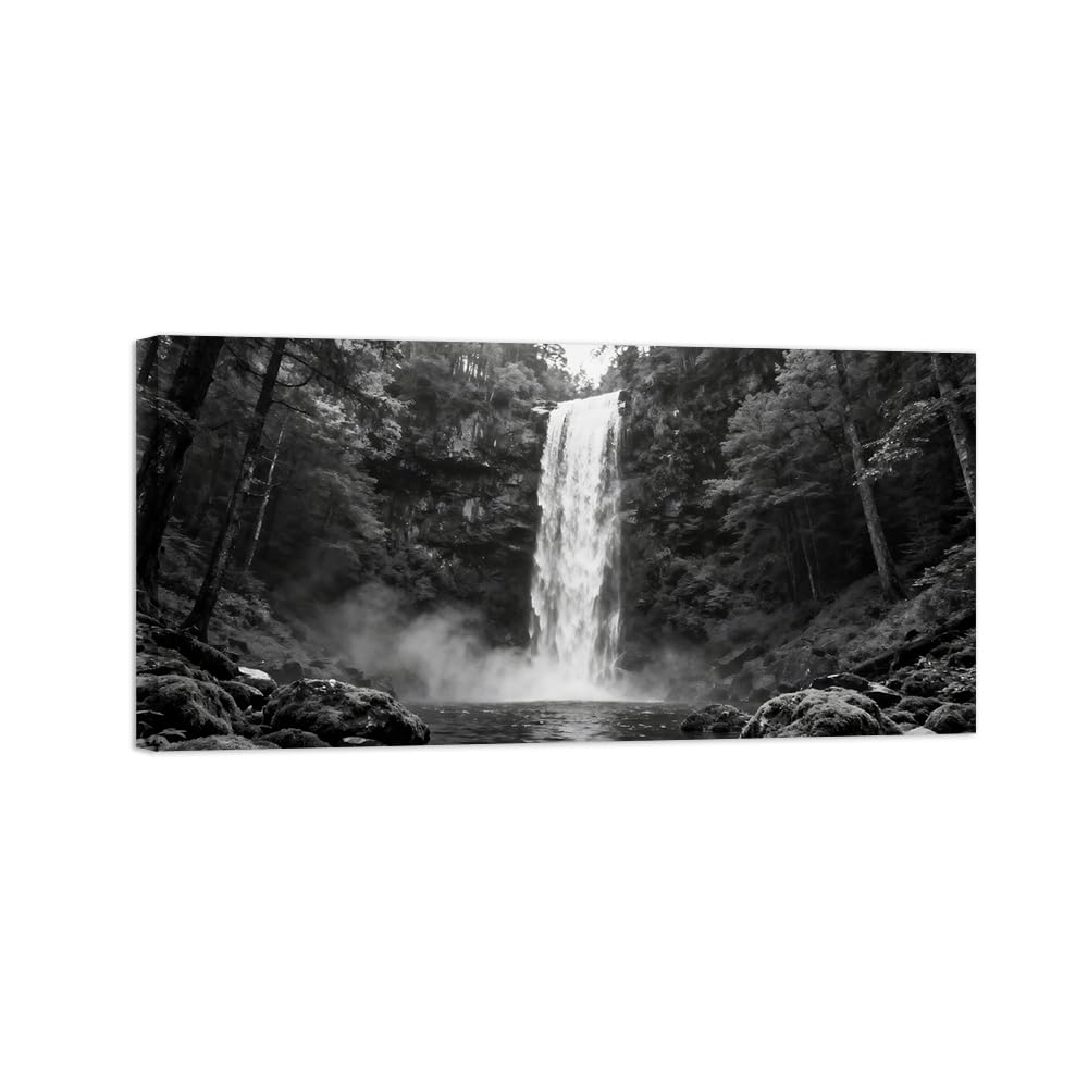 Black White Landscape Wall Art. Forest Waterfall. Picture 70x140cm Unframed