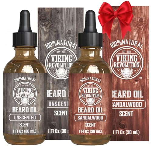 Viking Revolution Sandalwood and Unscented Beard Oil for Men - Natural Mens Beard Oil with Argan Oil and Jojoba Oil - Beard Softener, Strengthens and Moisturizes - Beard Conditioner for Men (2 Pack)