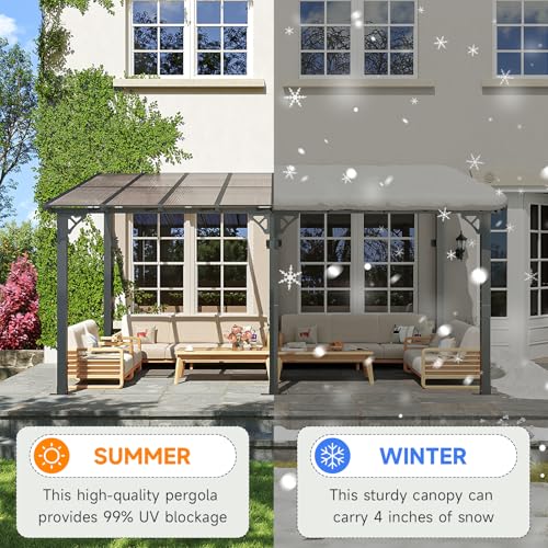 Image of 10' x 16' Lean to Gazebo Pergola, Hardtop Gazebo Metal Large Galvanized Steel Wall Mount Pergolas on Clearance with Lights,Polycarbonate Roof,Awnings,Patio Canopy for Backyard,Deck,Porch