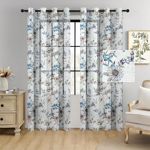 Image of Cortina Linen Printed Sheer Curtain Set of 2 Eyelet Ring Hanging, Floral Printed Curtains Non Blackout Light Filtering Curtains (White, 9FT)