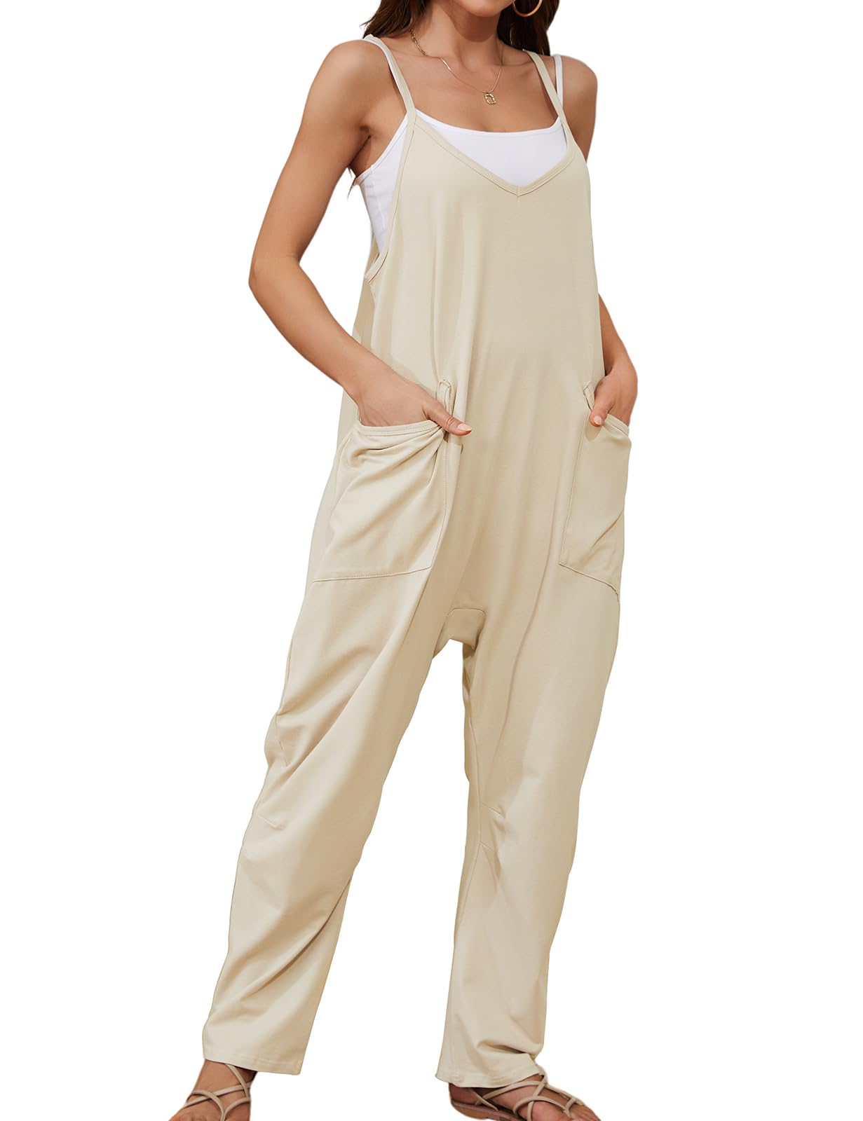 CMTOP Mono Peto Suelto Mujer Jumpsuit Verano Tirantes Finos Monos Pierna Ancha Algodon Casual Jumpsuit sin mangas con bolsillo y cuello V y sólido