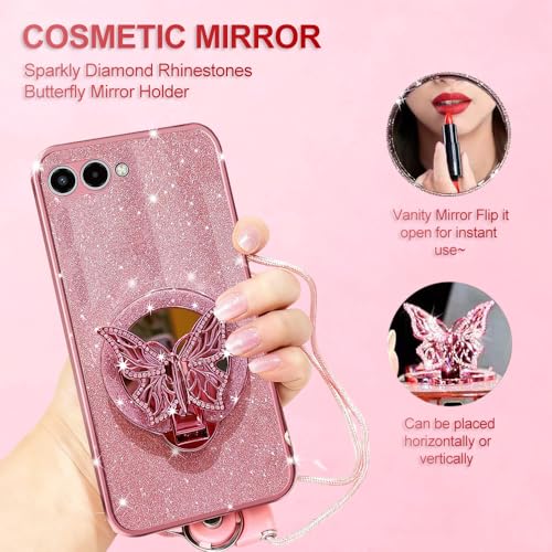 NggYgg for Revvl 8 TMRV08 5G Glitter Case with Lanyard, Butterfly Ring Holder with Sparkly Diamond Rhinestones,Mirror for Girls Women Makeup for T Phone 3 5G (Pink) by NggYgg - Used condition - Image 2