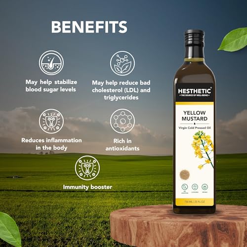 Image of HESTHETIC Cold Pressed Mustard (Sarson) Oil 1L | Pure Sarson Ka Tel | Natural-Aroma Unrefined Cooking Oil for North Indian & Bengali Cuisine | German-Tech Single-Screw Press | Glass Jar