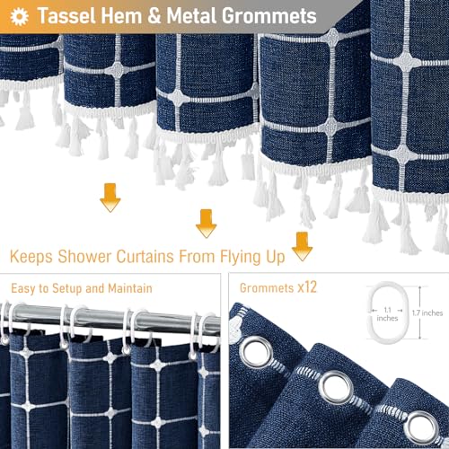 Image of BTTN Extra Long Shower Curtain - 72x84 Inch Long Boho Chic Tassel Linen Fabric Shower Curtain Set with Hooks, Tall Modern Farmhouse Elegant Heavy Duty Cloth Shower Curtains for Bathroom - Navy Blue