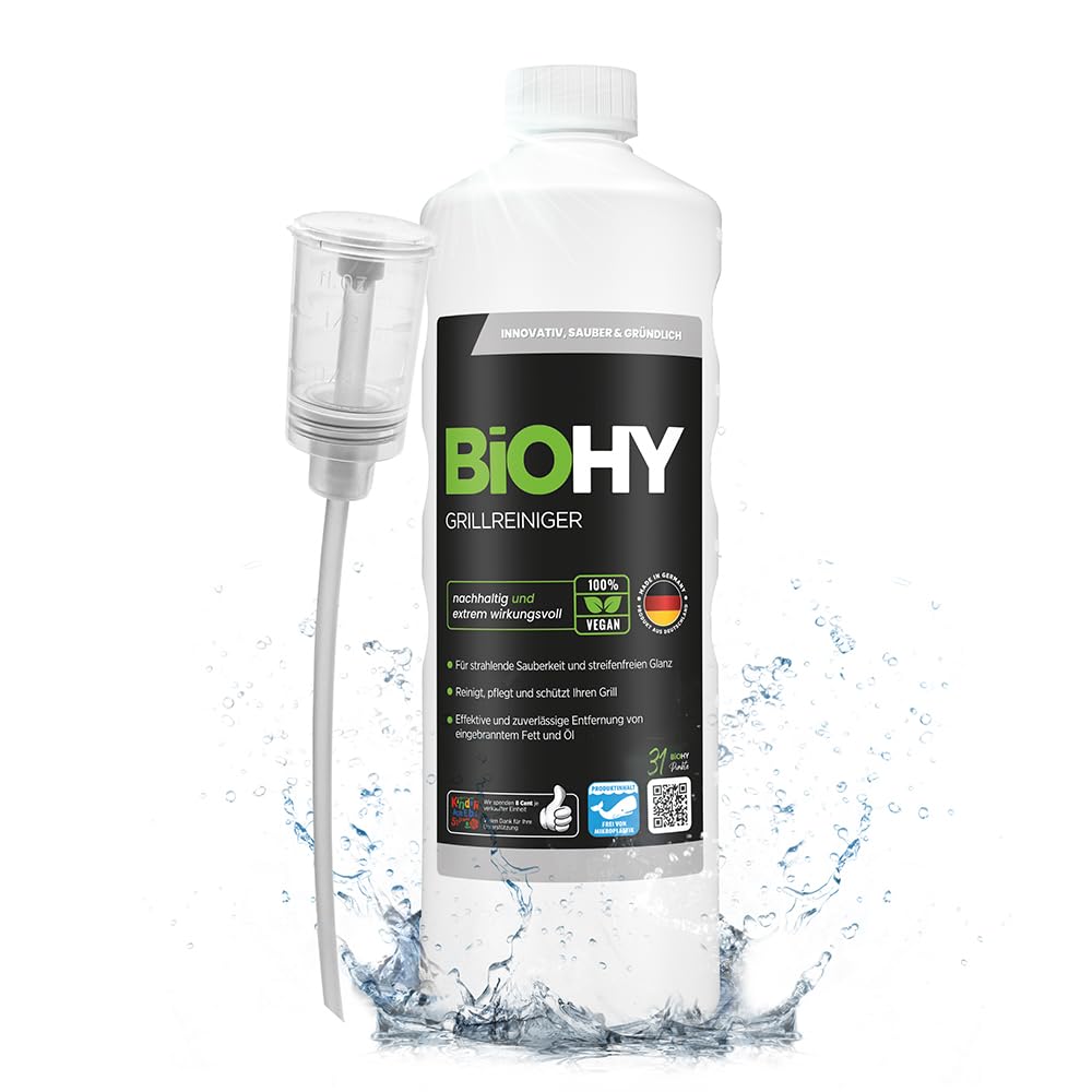 BiOHY Pulitore per griglie (Bottiglia da 1l) + Distributore | etergente per barbecue a carbone, a gas ed elettrici, schiuma attiva contro grassi e oli bruciati (Grillreiniger)