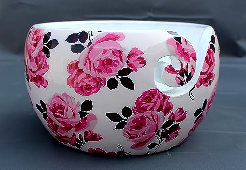 Image of Multi Purpose Wooden Yarn Bowl - Yarn Holder Rosewood - Knitting Bowl Handmade Wooden Yarn Bowl for Knitting and Crochet | Large Knitting Bowl Mother's Day Gift (Pink Flower)