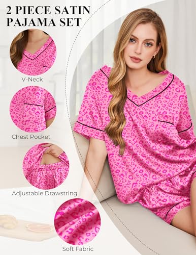 Image of Silk Pajamas for Women Short Sleeve Satin 2 Piece Pj Set Soft V Neck Sleepwear Loungewear, S-XXL