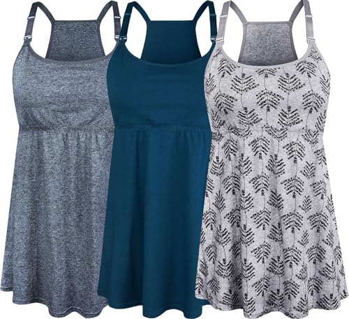 Image of SUIEK 3 Pack Maternity Nursing Tank Tops with Bralette Cotton Breastfeeding Camisole