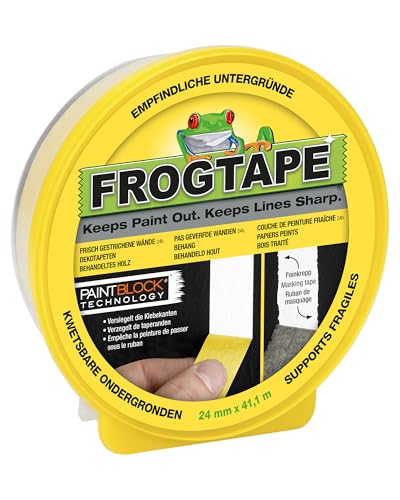 FrogTape Abklebeband Gelb 24 mm x 41 m - Malerkrepp mit Paint-Block Technologie - Kreppband für Glatte & Empfindliche Untergründe - für Saubere Kanten