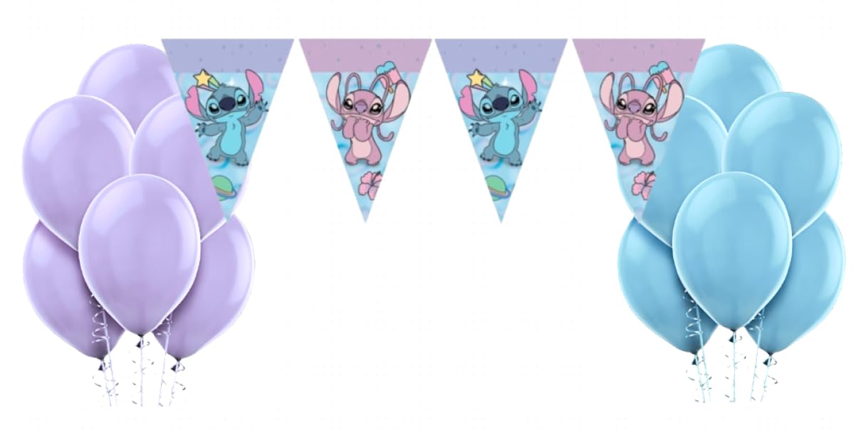 Kit Compleanno Stitch Angel 24 Persone (118 Pezzi: 24 Piatti, 24 Bicchieri, 40 Tovaglioli, 24 Palloncini Pastel, 1 Tovaglia, 1 Festone Bandierine, 4 Bolle di Sapone) Addobbi Tema Stitch per Bambini