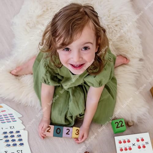 Image of Baybee Wooden Math Learning Puzzle for Kids with 26 Double Sided Flash Cards, 8 Number Blocks & Wooden Stand | Educational Counting, Addition & Subtraction Game Toy for Boys Girls Age 3-8 Years