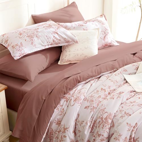 Image of Andency Floral Comforter Set King Size, 7 Pieces Pink Flower Lightweight Bedding Set for All Seasons, Soft Vintage Bed in a Bag with Comforter, Sheets, Pillowcases & Shams