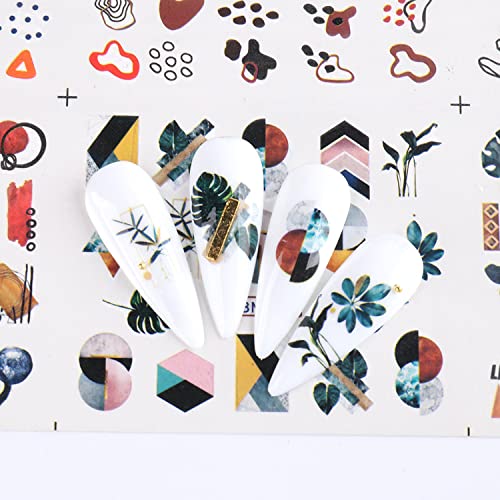 Geometry Line Nail Art Decals, Holographic Flower Nail Water Transfer Decal Design, Flowers Leaf Geometry Nail Stickers Supplies For Women Girls Manicure Charms Decorations, Diy Resin Nail Sticker #TOP3