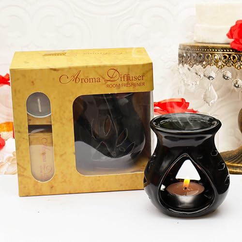 Image of Pure Source India Ceramic Aroma Oil Diffuser Gift Set with 10ML Relaxing Oil & Tealight Candles | 97 Burner for Home Fragrance & Relaxation | Ideal for Gifting & Home Decor (Black)