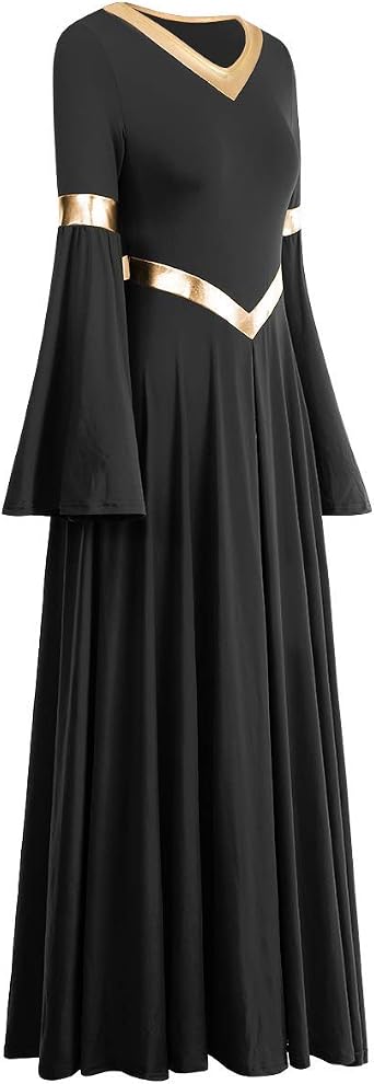 ODASDO Women Praise Dance Dresses Liturgical Worship Dancewear Golden Metallic Loose Fit Full Length Robe