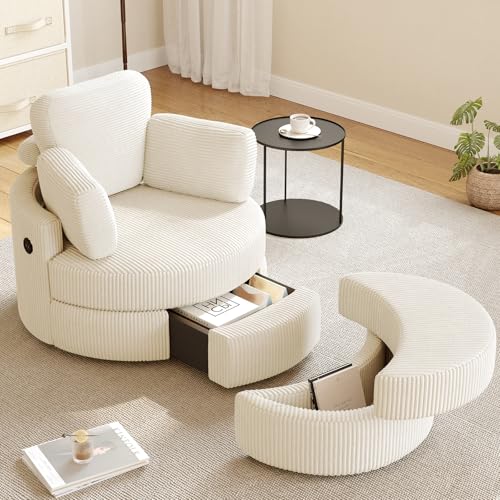 MEISSALIVVE Swivel Accent Chair with Half Moon Ottoman Round Chairs with Drawer Storage for Living Room 360 Barrel Chair with USB Charging Port (White Corduroy)