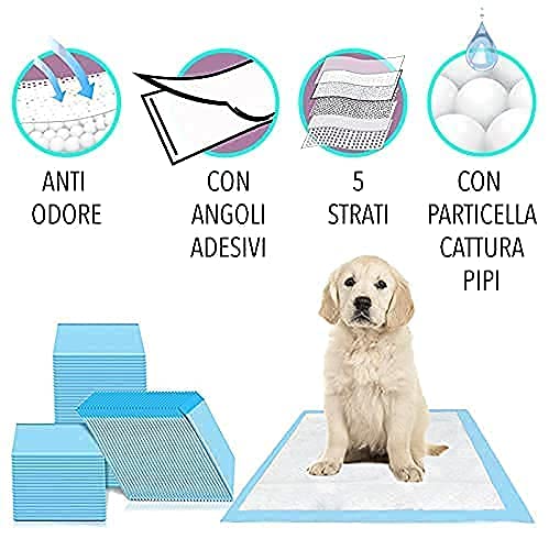 VIRSUS tappetini igienici a 5 strati per Cane 60x60 imbustati singolarmente traversine per Cani 90 pezzi Animali Domestici con angoli adesivi anche per Gatti Anti Odore - C