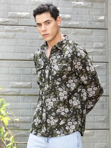 Image of Thomas Scott Men Slim Fit Pure Cotton Corduroy Floral Printed Semi-Formal Shirt