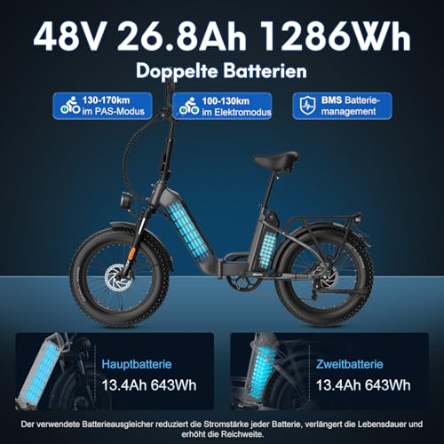 Fafrees FF20 Polar Fatbike E Bike Klapprad 20 Zoll mit 48V 13,4Ah*2 Akkus, E-Bike Damen Herren...