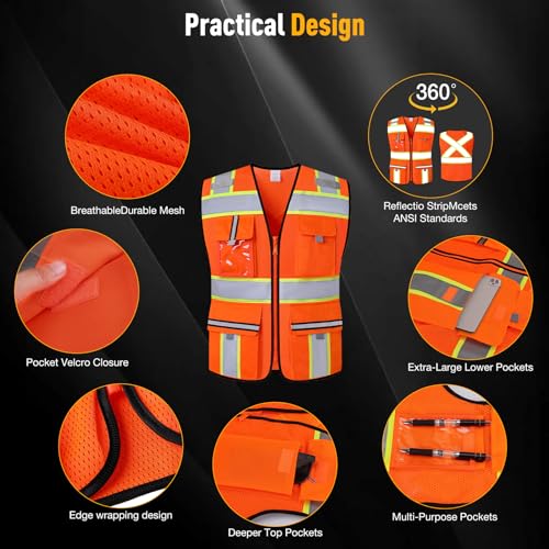 Image of Class 2 Safety Vest with Zipper Front and multiple Pockets, High Visibility Vest, Meets ANSI /ISEA Standards