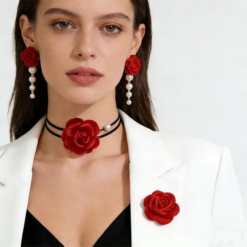 ONLYJUMP 3Pcs Red Velvet Rose Jewelry Set for Women Black Ribbon Necklace Pearl Tassel Earrings Chest Flower Vintage Floral Design Ideal Gift for Wedding Birthday Valentine's Day - Image 4