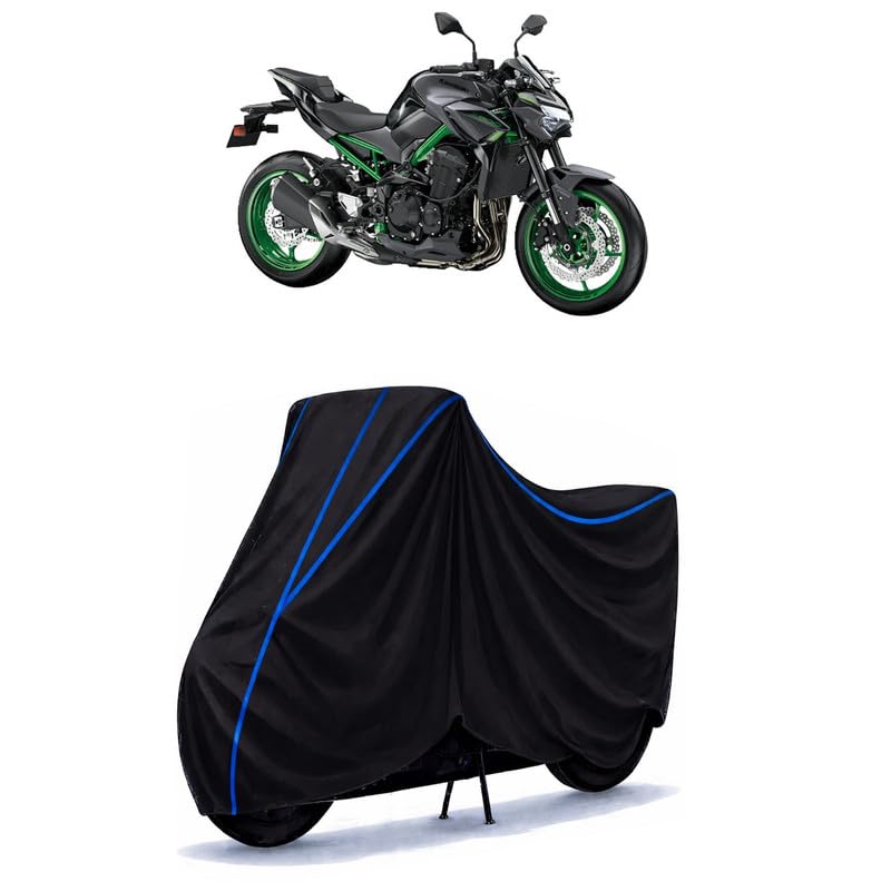 Image of Z 900 Bike Cover Water Resistant Universal Motorcycle Rain | Heavy Duty UV Protection, Dust, Scratch Indoor Outdoor All Weather with Black Blue Piping Elastic