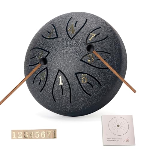 Steel Tongue Drum - 4.5 Inches 6 Notes Black Handpan Drum with Music Book, Drum Mallets, and Finger...