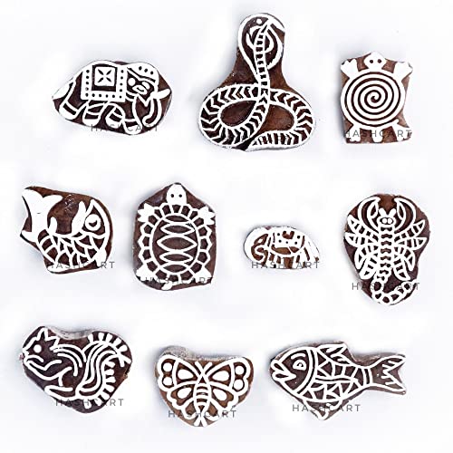 Image of Hashcart | Set of 10 | Wooden Animal Shape Blocks Stamps for Block Printing, Project Designing Fabric Textile Clay Pottery Craft Tattoo Handcarved