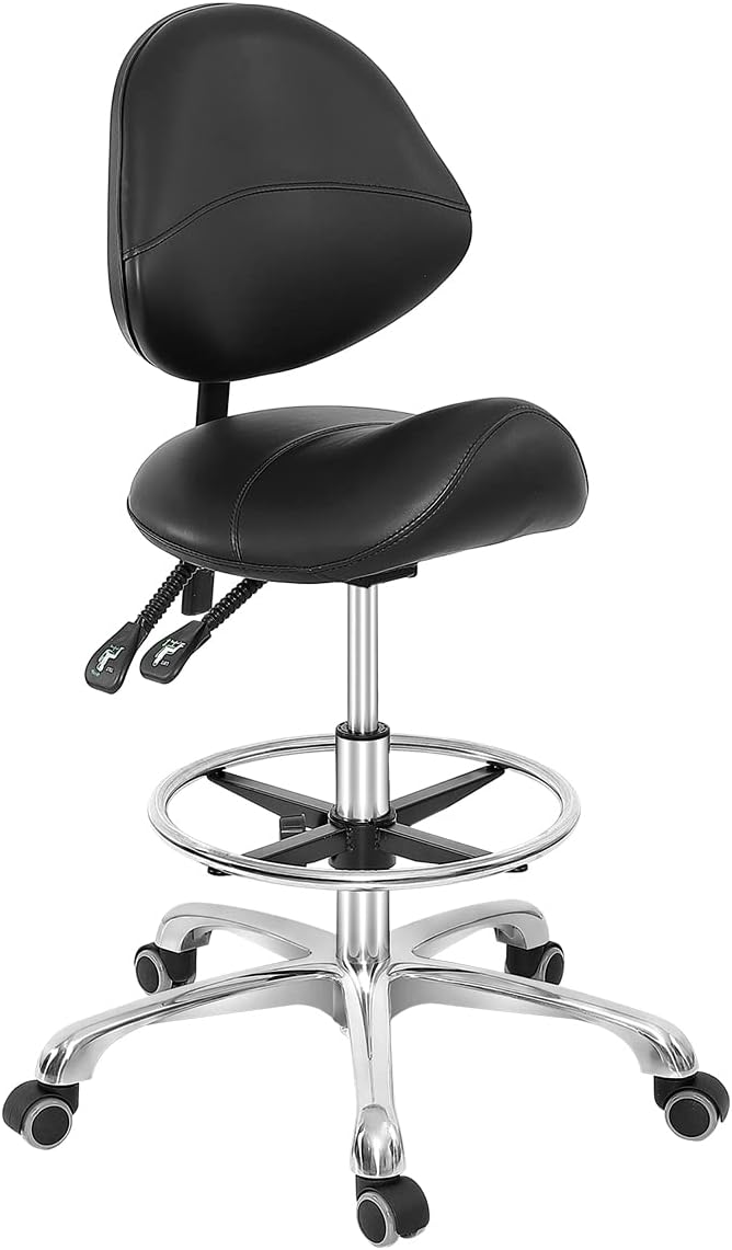 Grace & Grace Professional Saddle Stool Chair with Back Support, Hydraulic Ergonomic Saddle Seat Stool with Wheels for Clinic Dentist Spa Massage Salons Studio (Black, with Foot Rest) Black-classic with Back