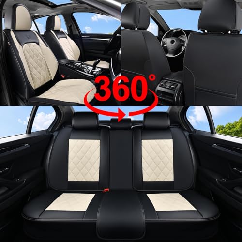 Image of Coverado Car Seat Covers Full Set, Faux Leather Seat Covers for Car, Waterproof Car Seat Protectors 5 Seats, Automotive Seat Covers Universal Fit for Most Cars SUV Trucks- Black&White