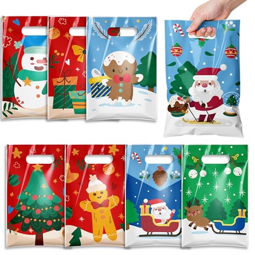 PAEUKUON クリスマス ラッピング袋 100枚セット 手提げ ギフトバッグ お菓子袋 プチギフト かわいい サンタ 雪だるま トナカイ クリスマスツリー 柄 プレゼント包装 キャンディ チョコレート クリスマスパーティー 記念品 お祝い用 (Aタイプ