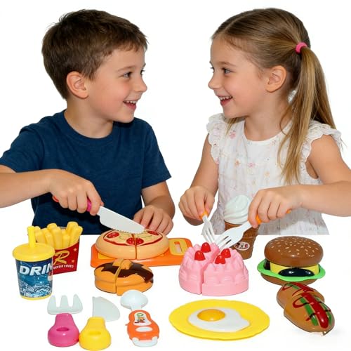 Image of PLUSPOINT Pretend Play Fast Food Set, 14pc Play Food for Kids with Take Apart Burger and Hot Dog Plastic Toys Food, Play Kitchen Accessories Role Play Toys Christmas Birthday Gift for Kids Toddlers