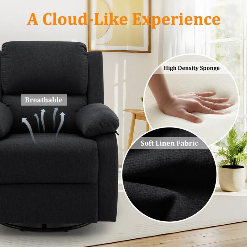 Image of Recliner Sofa 1 Seater | Manual Recliner Chair | 360 Swivel Rocker Recliners for Small Spaces,Rocker with Side Pockets Chairs for Living Room, Bedroom, Nursery, Black