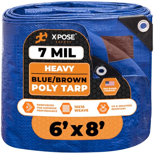 Image of Xpose Safety 6' x 8' Heavy Blue /Brown Tarp - Waterproof - 7 Mil Weatherproof Camping Tarp for Tent, Rain, Wind & Sun - Plastic Tarpaulin Cover Outdoor for Roof, Trailer, RV, Car, Boat