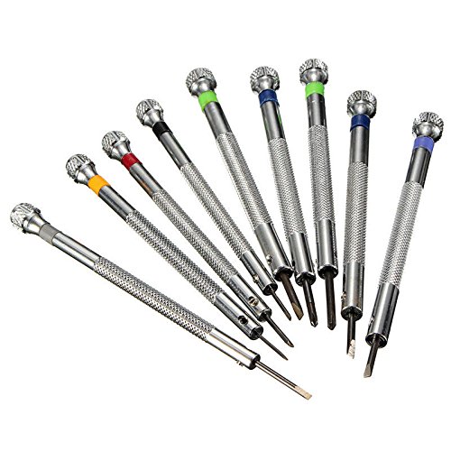 Conjunto de chaves de fenda de lâmina plana com 9 peças com lâminas e suporte giratório para relojoe