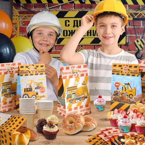 12 Stück Baustelle Party Geschenktüten, Bagger Geburtstag Deko Bau Mitgebsel Tüten mit 12 Aufkleber, Baustelle Mitgebsel Kindergeburtstag für Jungen Kinder Geburtstag Thema Partei